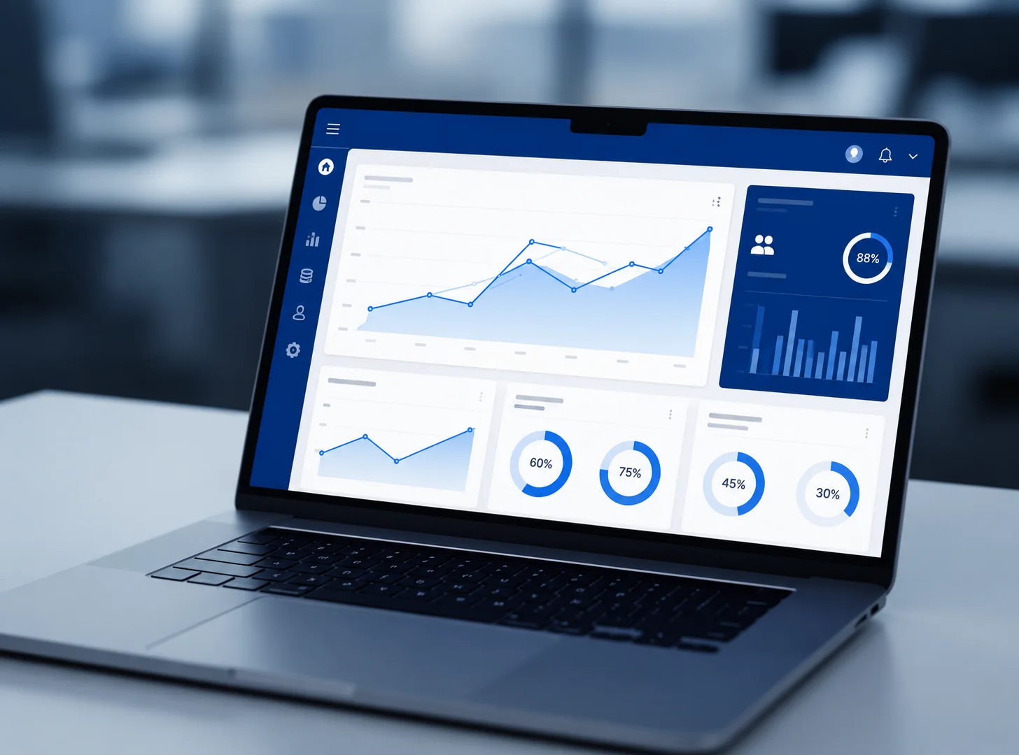 Enterprise master data governance dashboard on a laptop in a corporate office