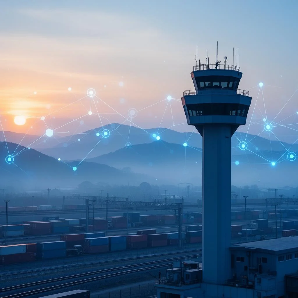 Modern transportation control tower with connected logistics network at sunrise