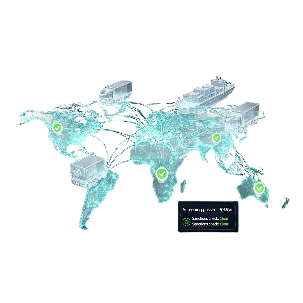 Global trade compliance visualization with screening checks across world map