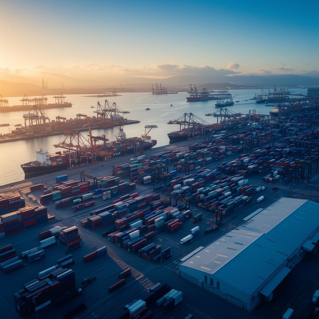 Aerial view of a global logistics port with cargo containers and shipping infrastructure